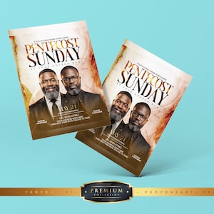 May include: Two identical rectangular flyers for Pentecost Sunday featuring a portrait of two men in suits. The text reads Pentecost Sunday, Your Church Name, May 21, 10:00 AM, 123 White Street, and 2456 West Park Blvd, Dallas, TX 75200 with a gold and brown background.