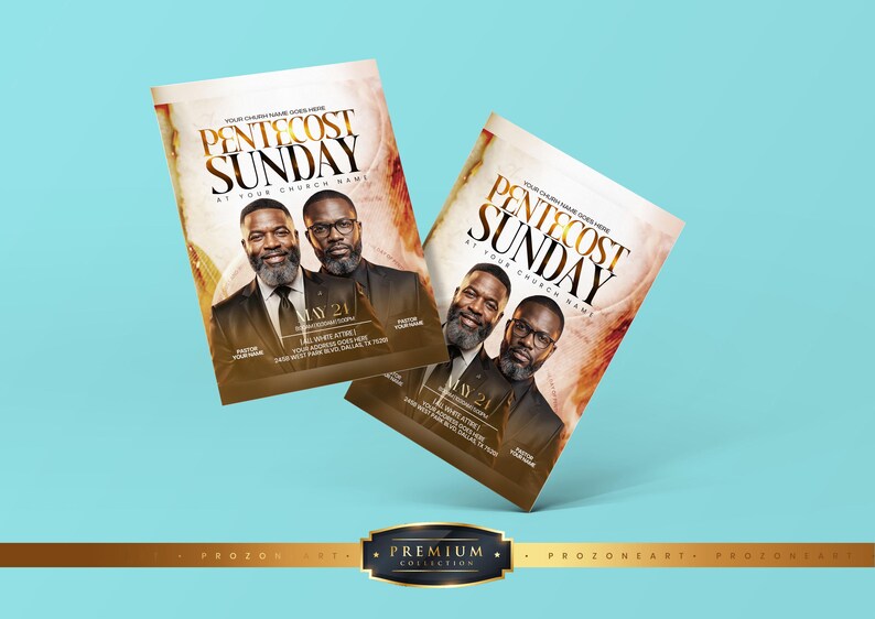 May include: Two identical rectangular flyers for Pentecost Sunday featuring a portrait of two men in suits. The text reads Pentecost Sunday, Your Church Name, May 21, 10:00 AM, 123 White Street, and 2456 West Park Blvd, Dallas, TX 75200 with a gold and brown background.