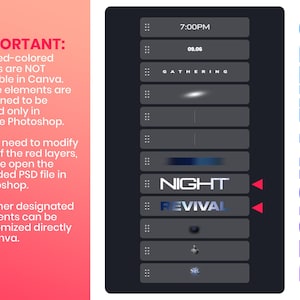 May include: A digital graphic displaying a list of design layers in a dark panel. Text includes 7:00PM, 09.06, GATHERING, NIGHT, and REVIVAL. Red triangles indicate layers requiring Adobe Photoshop for editing, while others are editable in Canva.