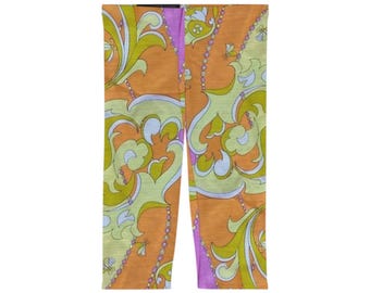 Leginsy Capri w kwiaty w stylu retro | Pomarańczowo-żółty wzór paisley