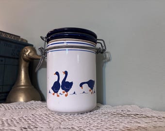 Vintage Rosenthal Netter Italy Blue Goose Canister | Small Ceramic Storage Jar with Clamp Lid | Country Cottage Kitchen Decor |Made in Italy