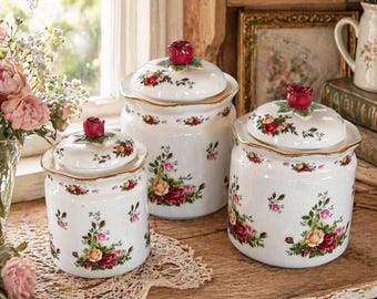 Juego de 3 botes vintage Royal Albert Old Country Roses / Fabricados en Inglaterra en 1962 / Botes de cocina de porcelana con motivos florales / Bridgerton Kitchen