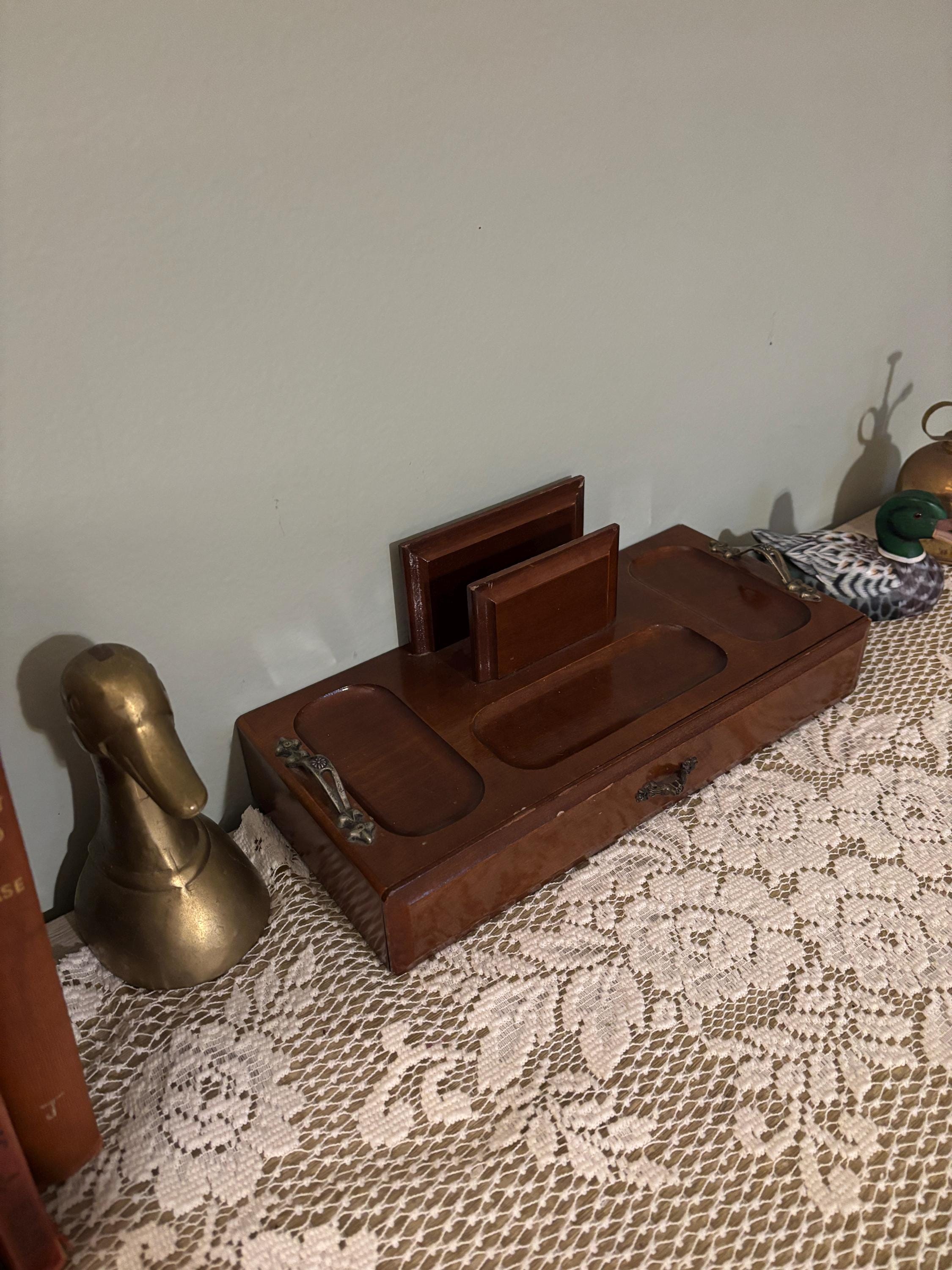 Vintage London Leather Men's Wooden Jewelry Valet, Bedside Organizer, Retro Dresser Valet Vintage London Leather Men's Wooden Jewelry Valet, Bedside Organizer, Retro Dresser Valet