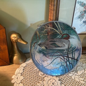 Vintage Stained Glass Duck Panel – Hand-Painted Mallard Suncatcher – Rustic Cabin Decor
