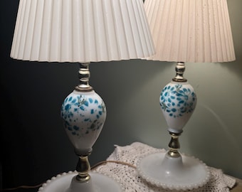 Vintage Hobnail Milk Glass Lamps – Set of 2 with Blue Floral Hand-Painted Detail & Pleated Shades Floral Design Cottagecore Decor