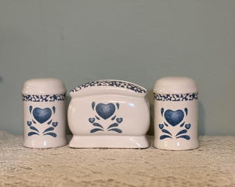 Vintage Blue Heart corelle  napkin holder and salt and pepper shakers