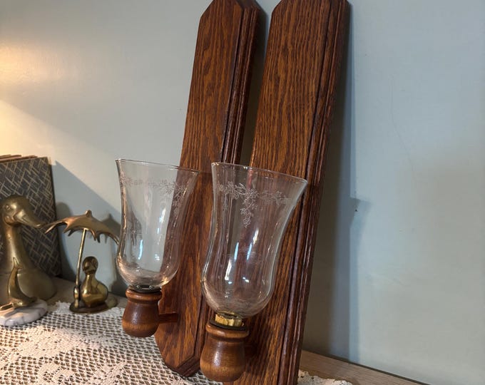 Vintage Wooden Wall Sconce Candle Holders – Set of 2 With Glass ...