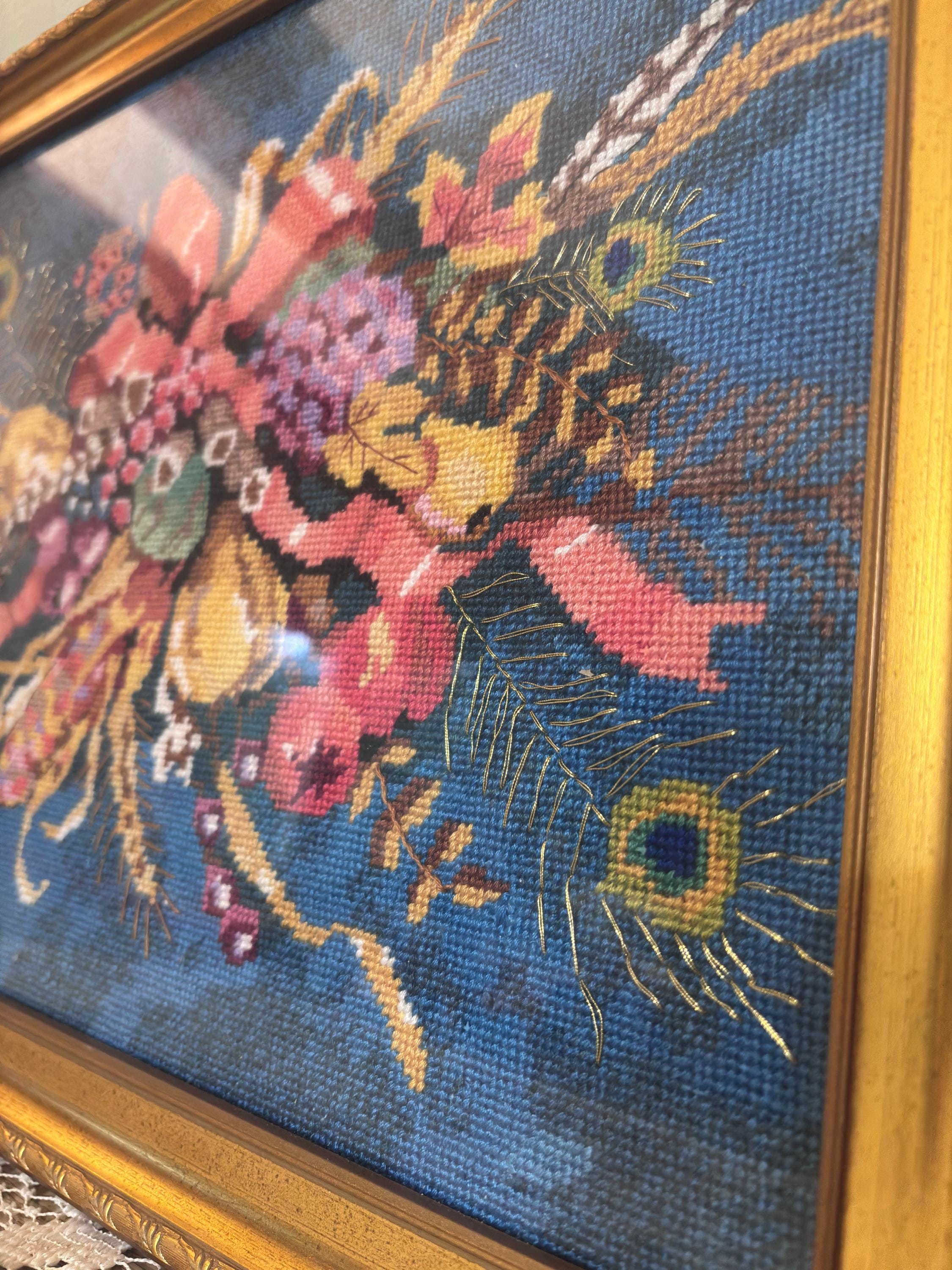 Vintage Framed Cross Stitch Floral Wall Art | Blue Floral Needlepoint ...
