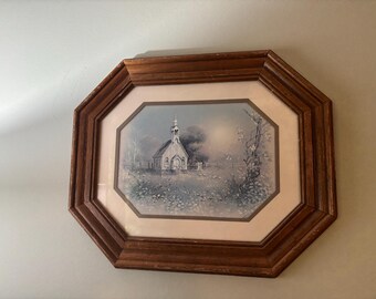 Vintage Homco Style Country Church Print, Wood Frame, 14.5" x 17.5" | Oak Wood Frame  | Country Cottage Wall Art /