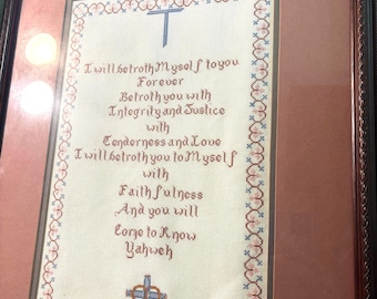 Framed Christian Cross Stitch Wall Art – “I Will Betroth You” Scripture Embroidery | Hosea 2:19-20 | Faith-Inspired Home Decor