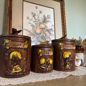 Juego de botes artesanales de tesoros vintage de los años 70: azúcar, té y harina, diseño de niña y búho en relieve, decoración de cocina retro/cottagecore