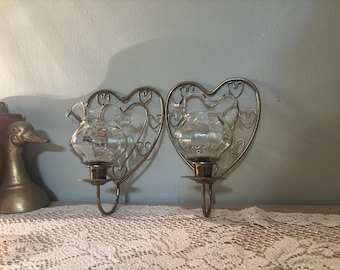 Vintage  heart candle Holder set | Hollywood Regency Wall Sconce set Romantic French Cottage Décor
