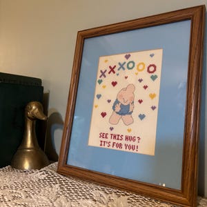 Vintage Framed Cross-Stitch Art – “See This Hug? It’s For You!” – Vintage Nursery Decor, Cottagecore Granny Chic/ xoxo art