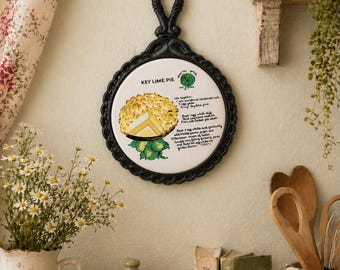 Salvamanteles con receta de tarta de lima estilo vintage / Salvamanteles de cerámica estilo hierro fundido / Salvamanteles redondo de cocina / Decoración con receta de postre / Cocina rústica