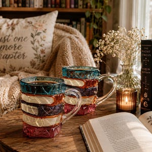 Set of 2  Book Stack Glass Mugs | Book Coffee Cups | Book Lover Gift | Literary Tea Mug | Reader & Bookworm Gift