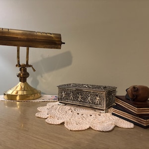 Vintage Brass Banker’s Desk Lamp | Adjustable Arm Library Light | Classic Piano Lamp with Patina/ vintage look of brass- dent in back