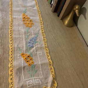 Vintage Hand-Embroidered Table Runner with Crochet Trim | Floral Linen Dresser Scarf | Cottagecore Farmhouse Décor