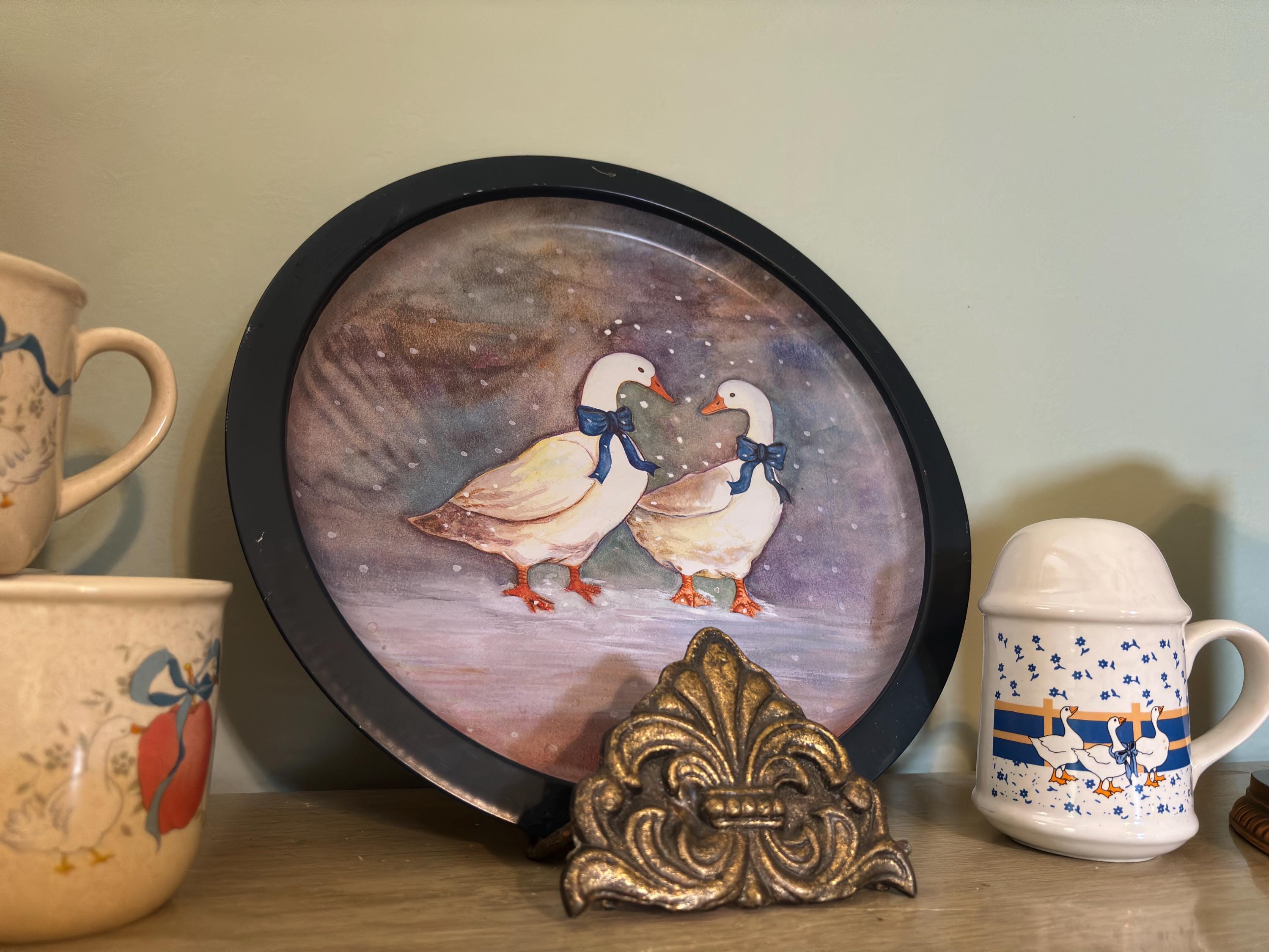 Vintage Goose Metal Tray – Blue Bow Geese in Snow – Country Farmhouse Decor – Made in Hong Kong – Retro 80s Wall Art or Serving Tray