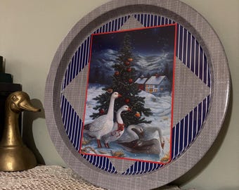 Vintage Goose Christmas Tin Tray white white Snow Geese & Christmas Tree