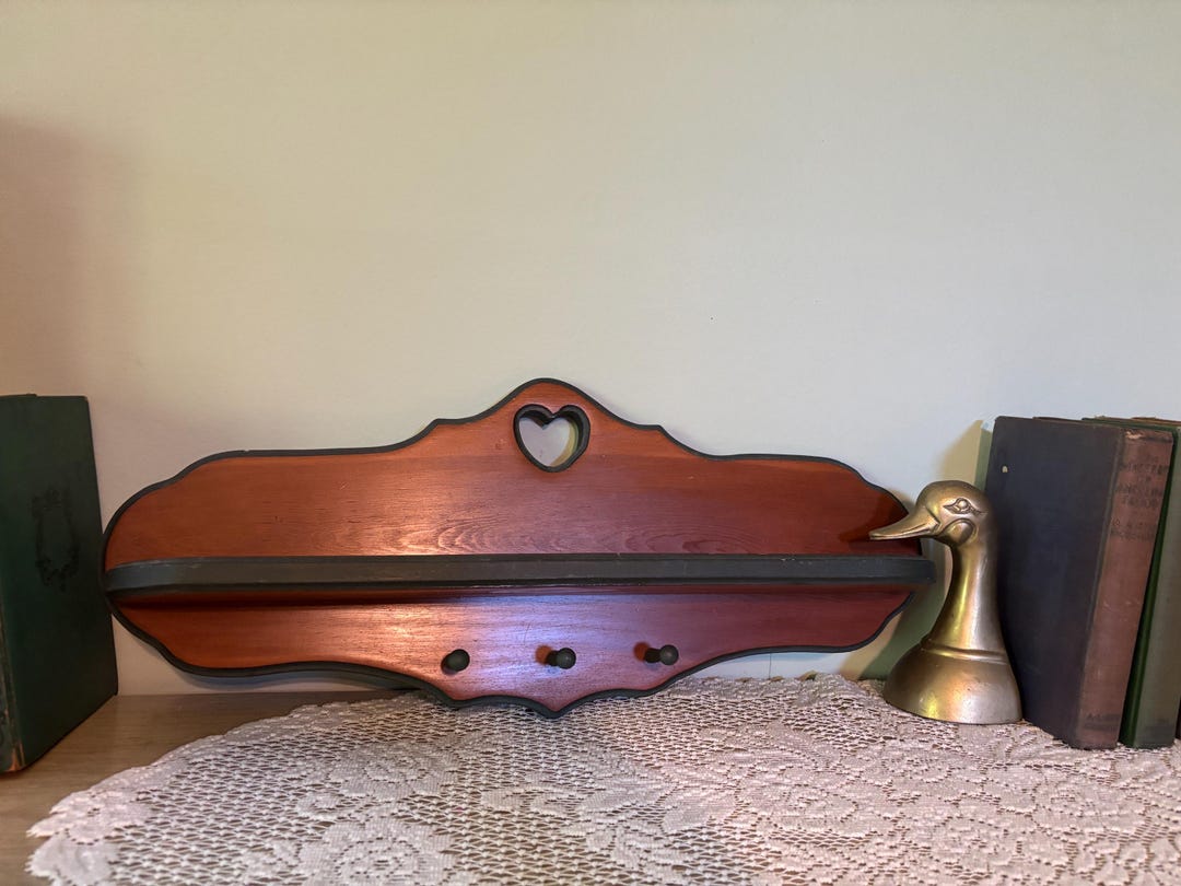 Vintage Wood Wall Shelf With Heart Cutout – Country Farmhouse Peg Shelf ...