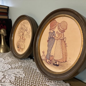 Set of 2 Vintage Prints – Framed Country Boy & Girl Illustrations – 1970s/80s Rustic Cottage Wall Art- oval frame decor