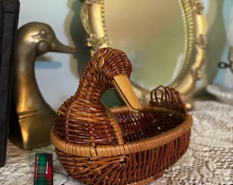 Vintage Duck Woven Basket  Handcrafted Rattan Duck Bowl, Cottagecore Rustic Decor/ cabin decor