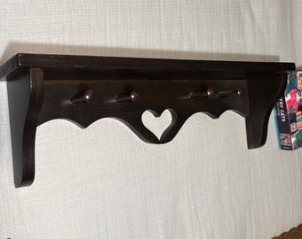 Vintage Wooden Wall Shelf | Heart Cut-Out & 4 Peg Rack | 24.5ʺ x 9ʺ x 5.5ʺ | Cottagecore / Farmhouse Rustic Décor
