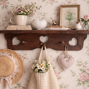Vintage Wooden Wall Shelf With Heart Cut-outs | Farmhouse