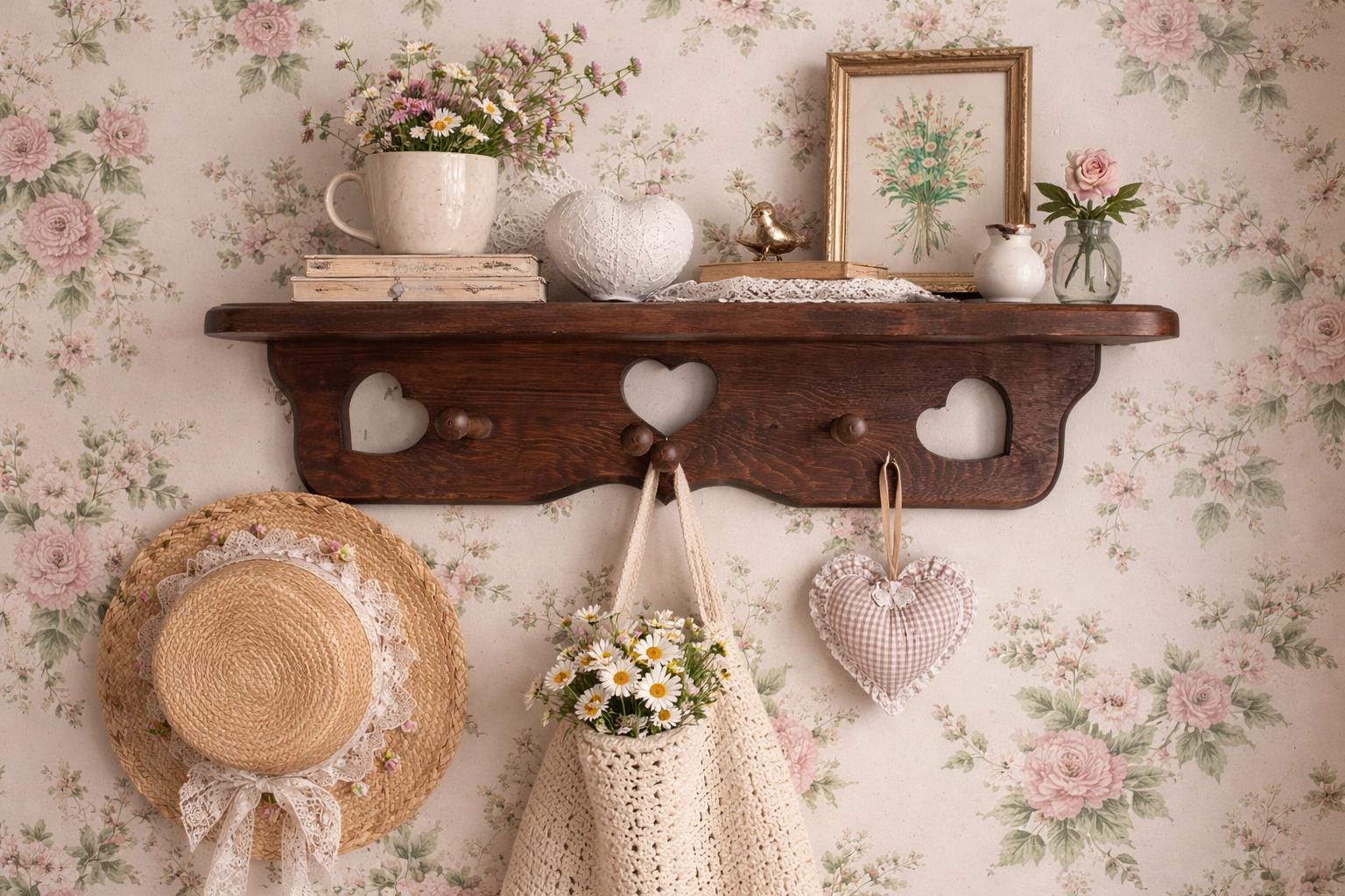 Vintage Wooden Wall Shelf With Heart Cut-outs | Farmhouse