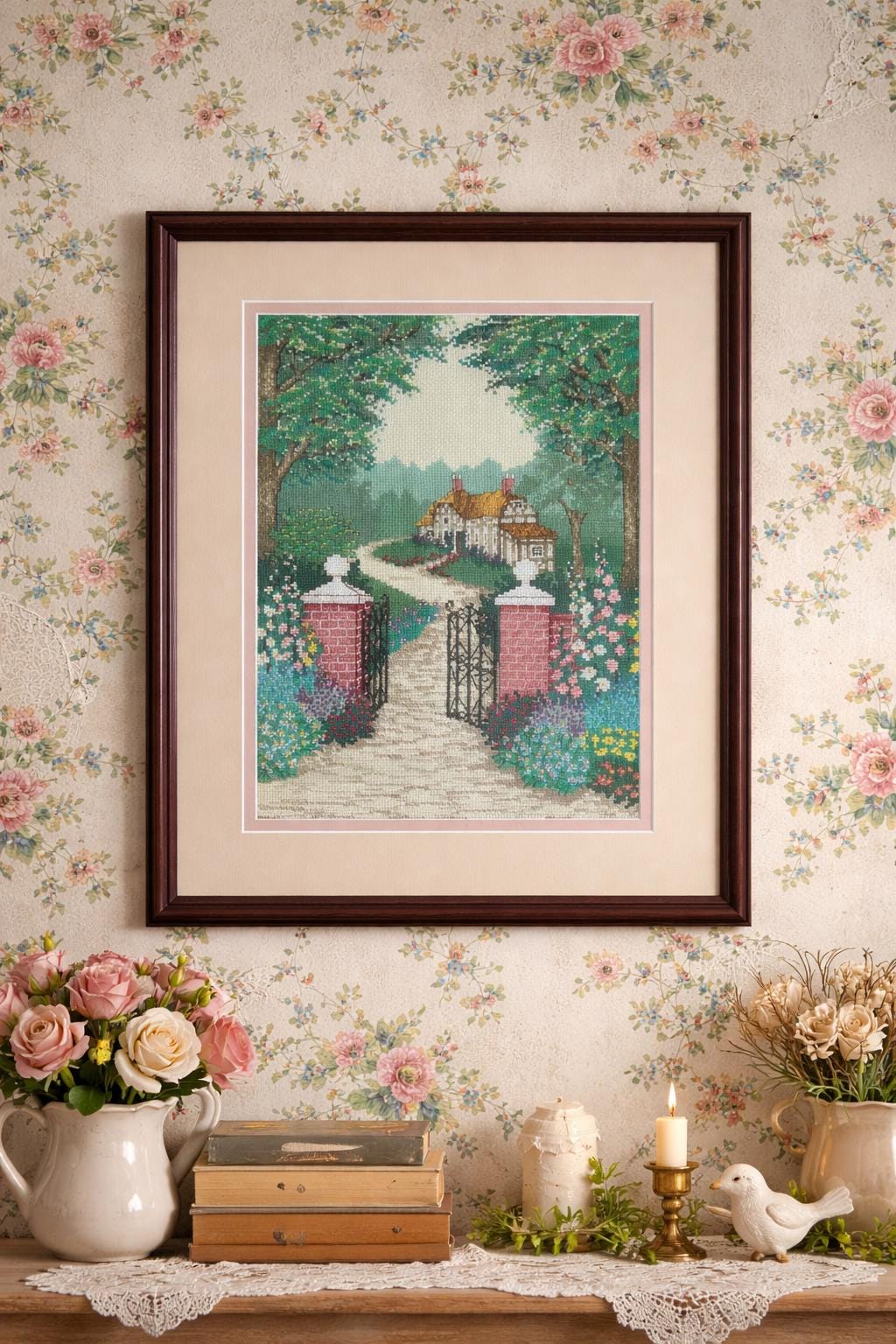 Vintage Needlepoint Cottage Garden Scene | Framed Embroidery Wall Art ...