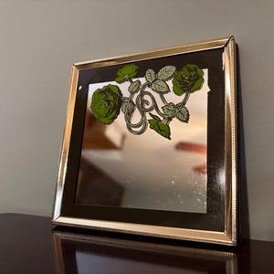 Mini Vintage Framed Mirror – Square with Green Rose Design – Small Tabletop or Wall Decor Vintage Mirror Wall