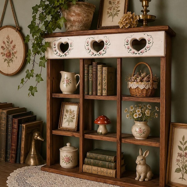 Vintage large Wooden Wall trinket Shelf – Heart Cut-Out – Rustic Country Decor – Farmhouse Wall Storage Tiered shelf- 24" x 23”