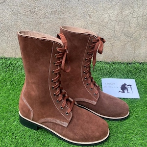 Handmade Brown Suede Leather Combat Boots: Vintage Military Style
