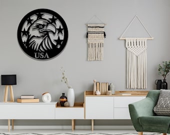 Arte de pared metálico con la bandera del águila americana: decoración patriótica de EE. UU. para el hogar, la oficina o el garaje / Letrero de pared con águila calva