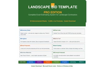 Landscape Bid Template | Professional Excel Estimating Spreadsheet | Irrigation, Planting, Grading, Turf, Trees, Bark, Pavers