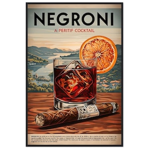 Póster de cóctel Negroni – Decoración de bar vintage – Arte retro con alcohol – Impresión de aperitivo italiano – Regalo para amantes de los cócteles