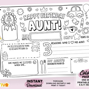 Alles Gute zum Geburtstag Tante Malseite | Druckbar Alles über meine Tante Ausfüllen Vorlage | Tante Wertschätzung Aktivität | Karte Tante für Kinder