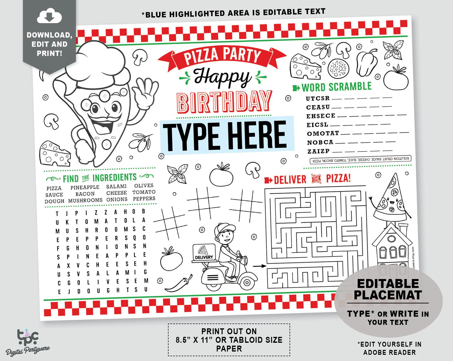 Editable Pizza Party Placemat | Printable Italian Party Coloring Page ...