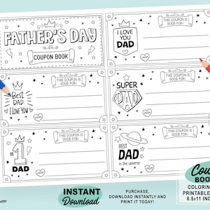 Vatertags Couponheft | Printable Kids Dad Geschenk Malseite | Füllen Sie die Blanks Gutschein Vorlage | Schlichtes 5er Gutschein-Set für den Vatertag