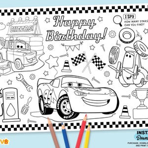カーズ 誕生日ぬり絵 | 印刷可能なライトニング・マックィーンの誕生日プレースマット | カーズ テーマのワークシート | カーズ ライトニング・マックィーン パーティーの記念品