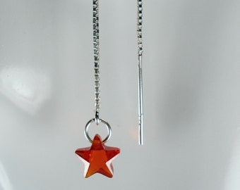 Sterling Silver Threader Earrings: Tiny Red Cubic Zirconia Star