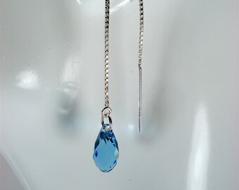 Aquamarine Teardrop Swarovski Crystals on Sterling Ear Threads-FREE SHIPPING To U.S.- Threader Earrings or Necklace