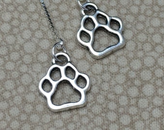 Silver Paw Print Charms on Sterling Ear Threads -Threader Earrings or Necklace-FREE SHIPPING To U.S.-