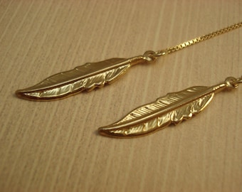 Vermeil Feather Threader Earrings – Gold Plated Dangle Earrings