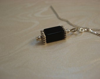 Black Agate Rectangles on Sterling Ear Threads-FREE SHIPPING To U.S.- Threader Earrings/Necklace