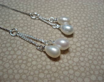 Double Pearls on Sterling Ear Threads- Threader Earrings or Necklace-FREE SHIPPING To U.S.-