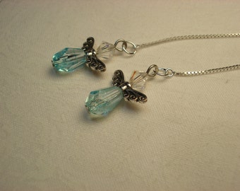 Small Blue Angels  on Sterling Threader Earrings or Necklace-Ear Threads-FREE SHIPPING to U.S.
