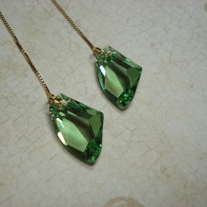 Green Swarovski Crystal on Gold Plated Ear Threads-FREE SHIPPING To U.S.- Threader Earrings- Vermeil