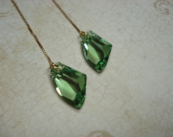 Green Swarovski Crystal on Gold Plated Ear Threads-FREE SHIPPING To U.S.- Threader Earrings- Vermeil