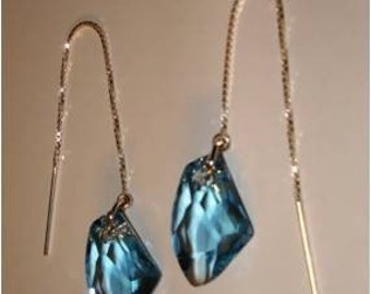 Sterling Silver  and Blue Crystal Ear Threads- Threader Earrings or Necklace-FREE SHIPPING To U.S.-